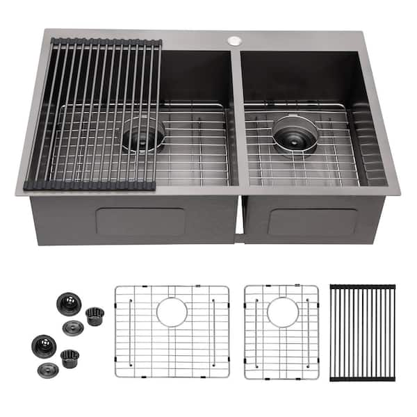 Sarlai Gunmetal Black 18-Gauge Stainless Steel 33 in. Double Bowl Right Angle Drop-in Kitchen Sink with Bottom Grid