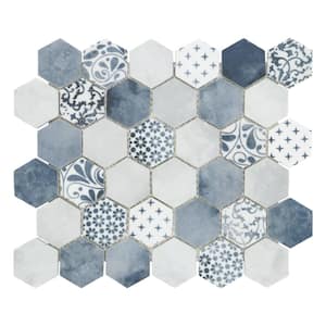 Concret Blue Hexagon 11.7x10.2in. Mosaic Backsplash. Recycled Glass Cement Looks Floor And Wall Tile (8.33 sq. ft./Box)