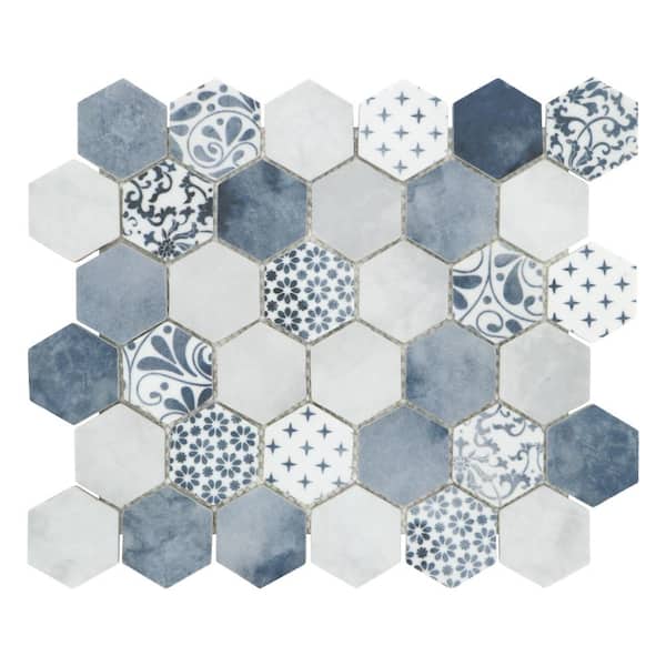 sunwings Concret Blue Hexagon 11.7x10.2in. Mosaic Backsplash. Recycled Glass Cement Looks Floor And Wall Tile (8.33 sq. ft./Box)