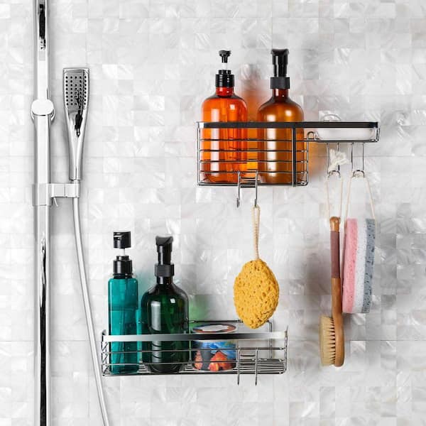 Fineget Large Shower Caddy Shelf Organizer Bathroom Kitchen Self Adhesive  Wall Plastic Shower Shelves Stick On Basket No Drilling for Shower Spice
