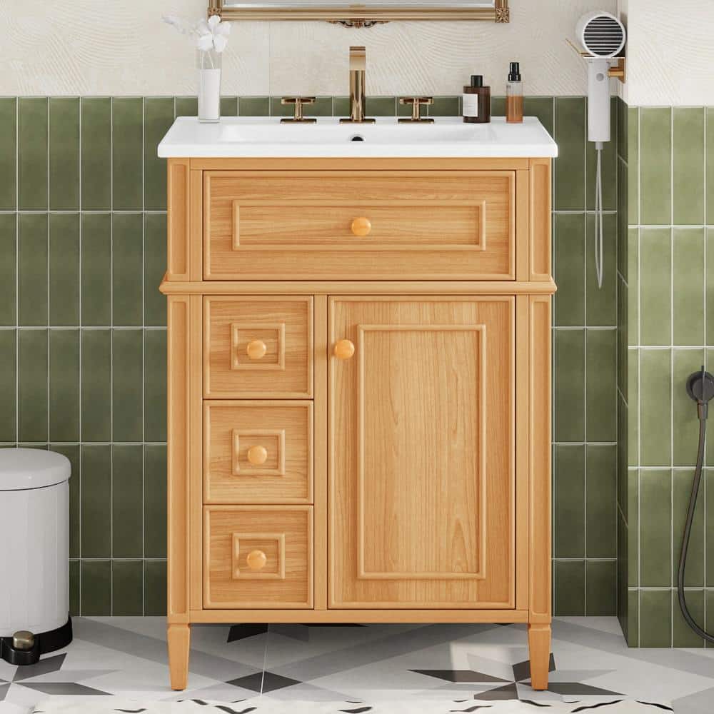 24 in. W Freestanding Natural Solid Wood Frame Bath Vanity with White Ceramic Top, Flip-Out Drawer, Wood Handles price history on PriceWatchPro
