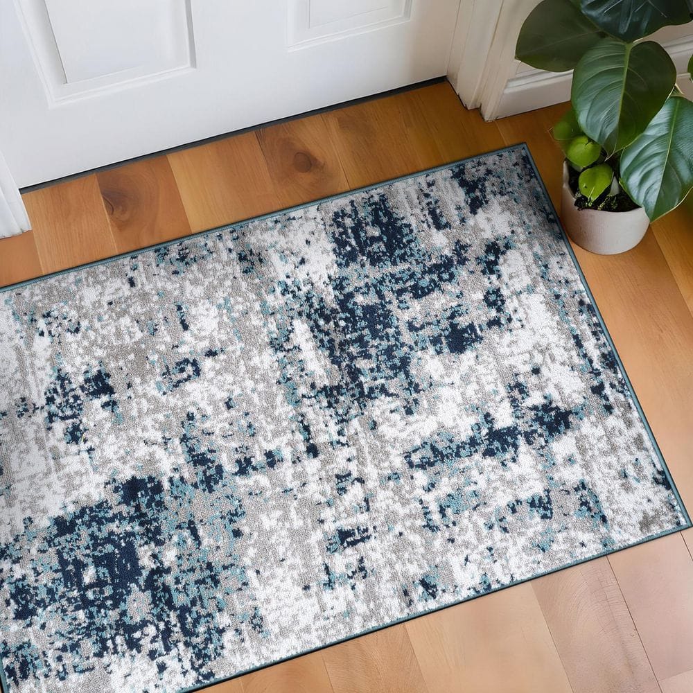 Distressed Blue and Gray Synthetic Abstract Rectangular Rug