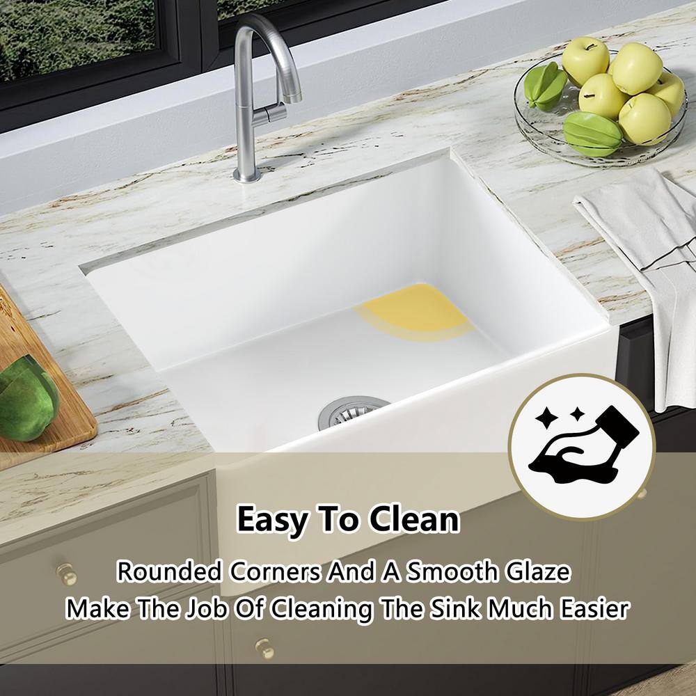 24'' White Fireclay Farmhouse Apron-Front Kitchen Sink