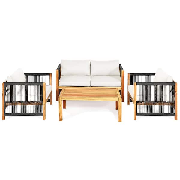 Costway 4-Piece Wood Outdoor Sectional Set with Cushionguard White Cushions
