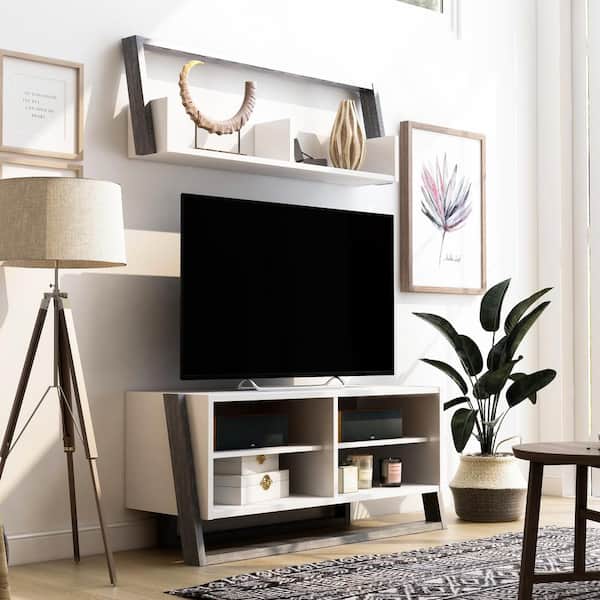 Furniture of America Addis 2-Piece 49.5 in. W Gray TV Console with 6-Shelves Fits TV's Up to 56 in. with Cable Management