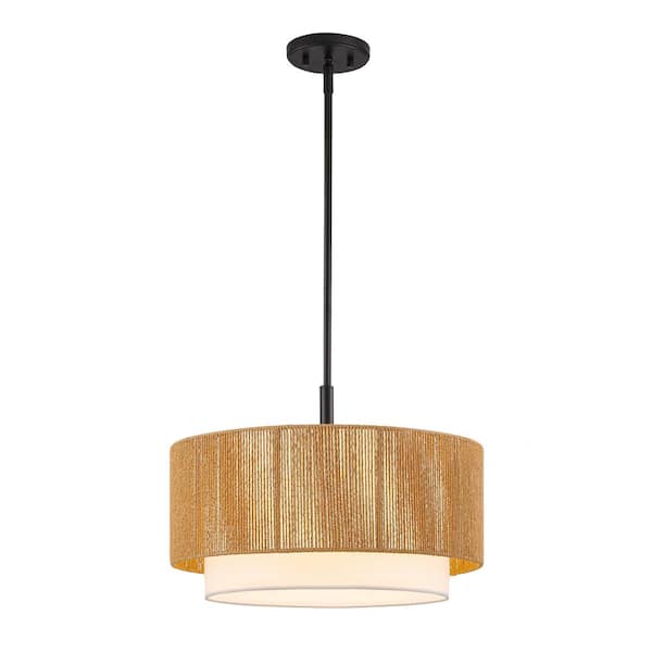 1-Light Black Pendant Light with Rattan Shade and Fabric Shade