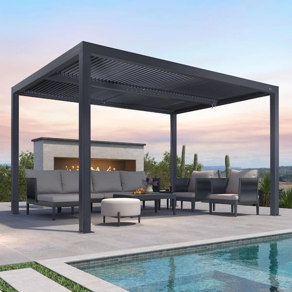 PURPLE LEAF 11 ft. x 13 ft. Gray Aluminum Frame Outdoor Hardtop Louvered Pergola with Adjustable Sunshade Roof and In-Built Gutter