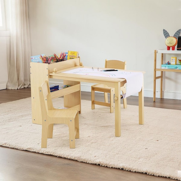 Ardovix 3-Piece Wood Top Kids Table and Chair Set with 3-Tier Storage Shelf Cabinet, Light Natural Finish