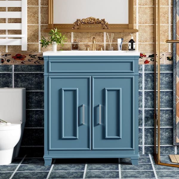 EPOWP 30 in. W x 18 in. D x 33.7 in. H Single Sink Freestanding Bath Vanity in Blue with White Resin Top and Storage Cabinet