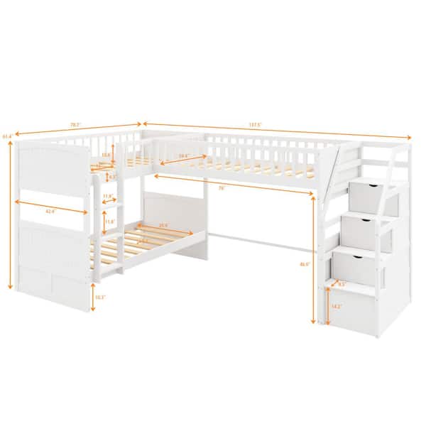Angel Sar White Twin Over Twin L-Shaped Bunk Bed with Ladder and Stairway