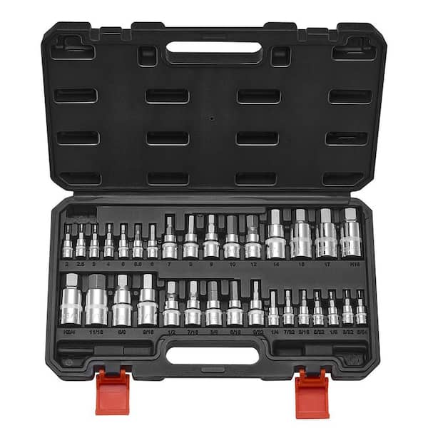 Hex Bit Socket Set, 32Piece, S2 Alloy Steel and Cr-V Steel,Standard SAE and Metric,1/4 in., 3/8 in., and 1/2 in. Drives