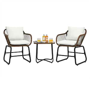 3-Pieces Rattan Patio Bistro Set Cushioned Chair with Glass Table and White Cushion