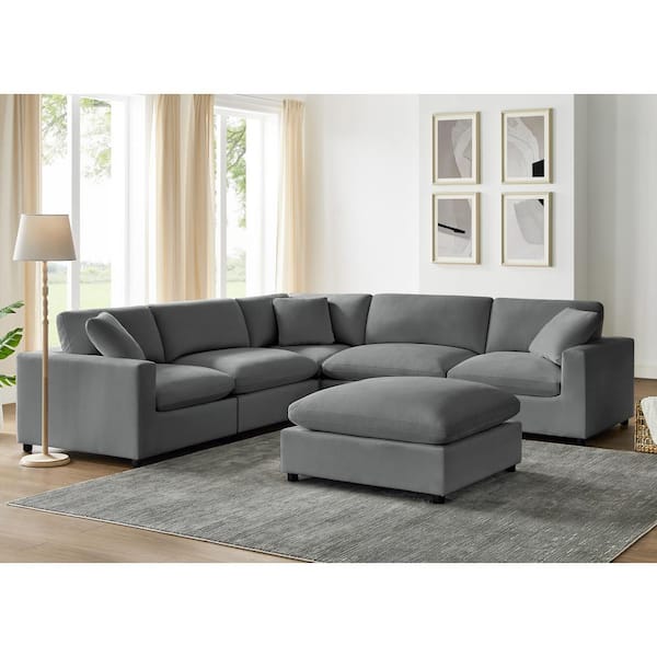 Casella 120 in. Square Arm 6-piece Polyester Performance Fabric L-shape Sectional Sofa in Charcoal