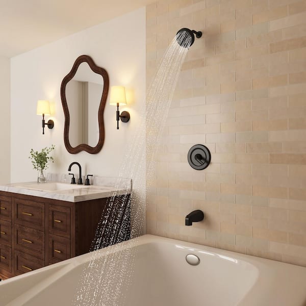 10-Spray Patterns 5 in. Wall Mount Rain Fixed Shower Head and Tub Spout Combo in Matte Black, Valve Not Included