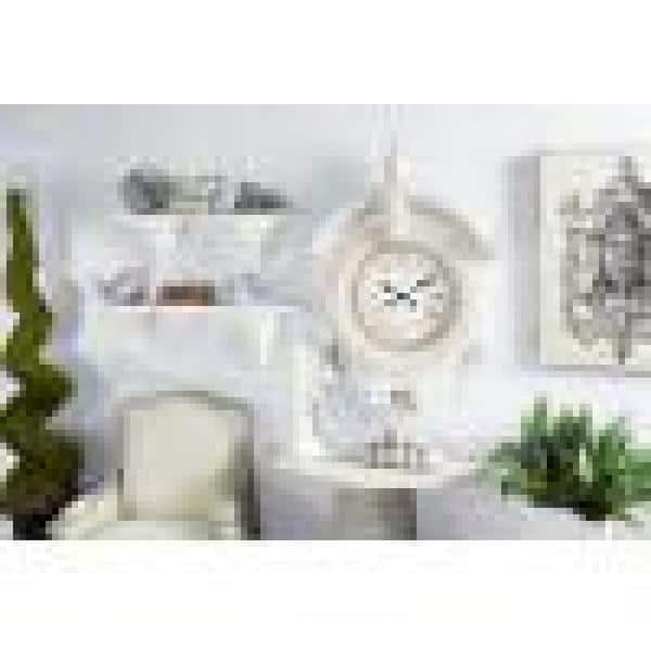 Large Antique Light Gray Wood Round Wall Clock with Arched Frame and Finials