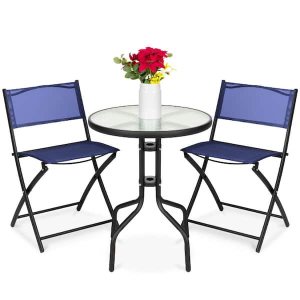 Unbranded Navy 3-Piece Metal Outdoor Bistro Set with Glass Table and 2 Foldable Chairs