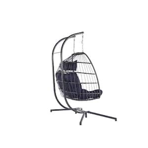 2-Person Wicker Outdoor Patio Swing Egg Chair with Stand and Dark Blue Cushion