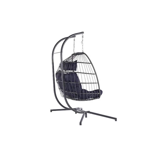 Sudzendf 2-Person Wicker Outdoor Patio Swing Egg Chair with Stand and Dark Blue Cushion