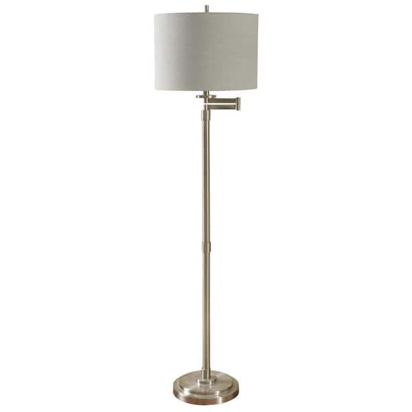 StyleCraft 62 in. Brushed Steel Floor Lamp with White Hardback Fabric Shade