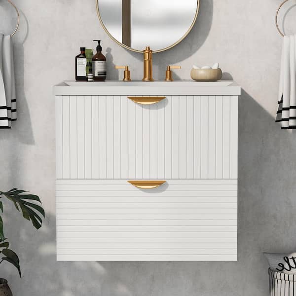 MYCASS 24 in. W x 18 in. D x 23 in. H Floating Storge Bath Vanity in White with 2 Drawers with 1 White Sink Resin Top