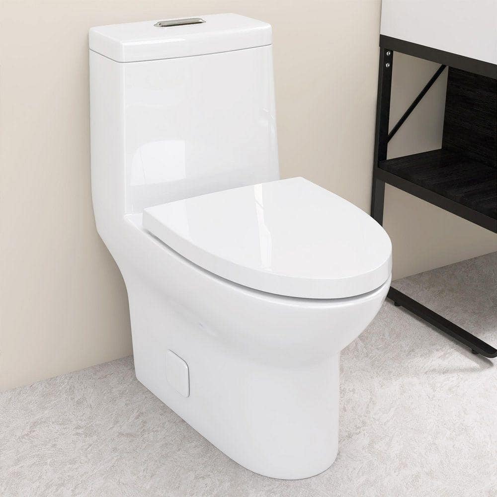 NTQ 1-Piece Toilet 1.1/1.6 GPF Water-Efficient Dual Flush Round 16.5 in. Toilet in White Soft Close Toilet Seat Included