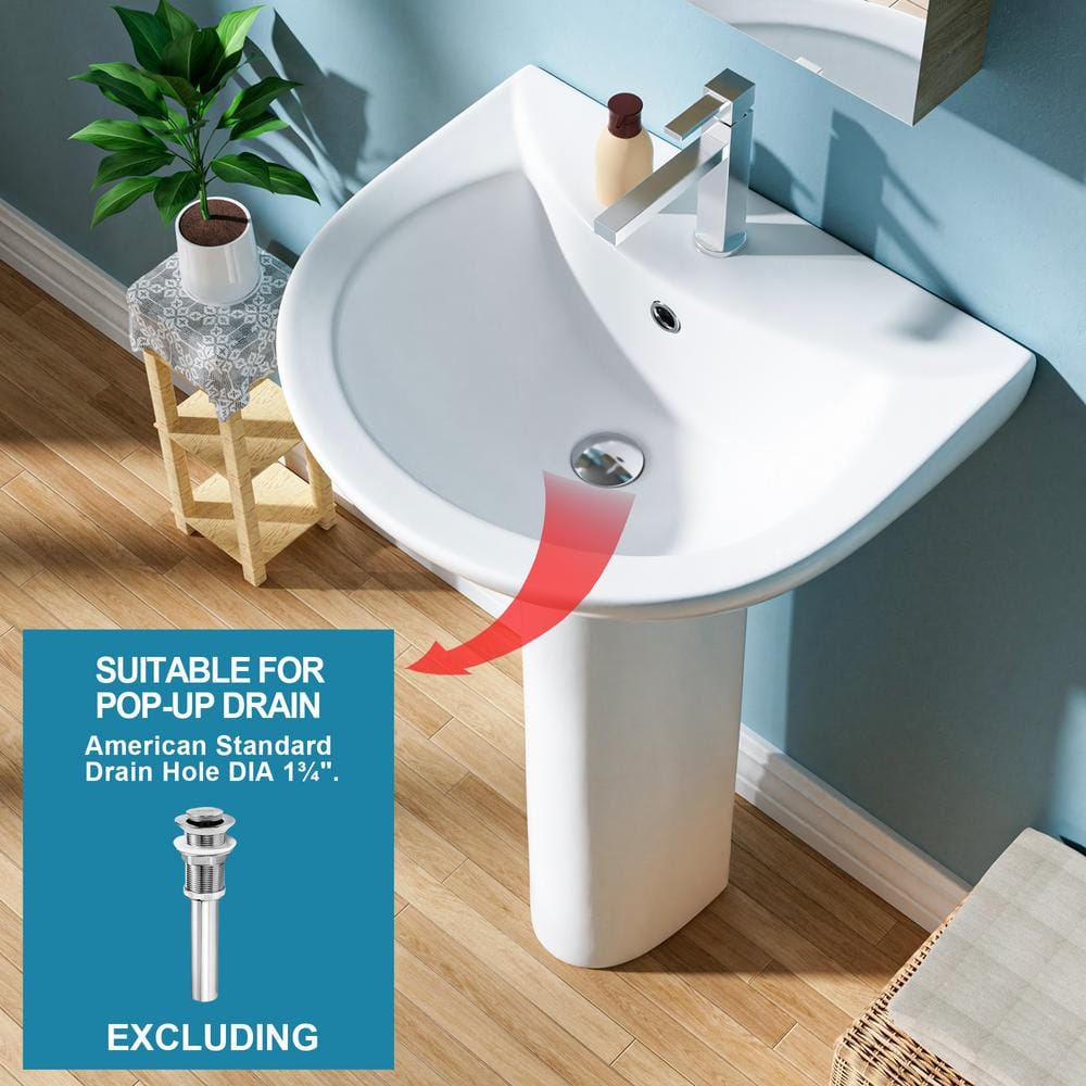 White Ceramic Gloss Pedestal Bathroom Sink with Overflow Drain