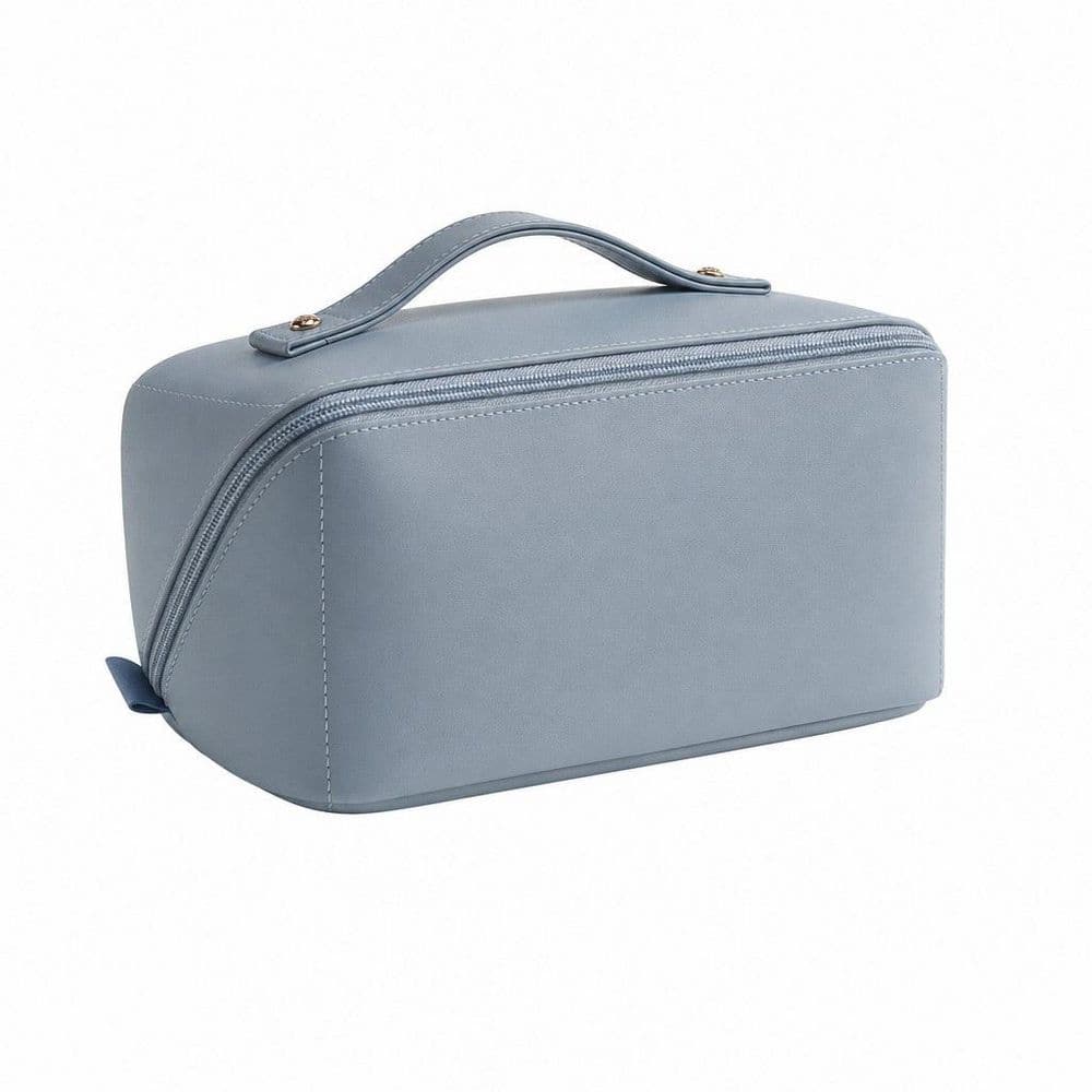 Travel Makeup Bag in AJ-Blue, Large Capacity Cosmetic Bag, Waterproof PU Leather, Flat Open Portable Toiletry Bag