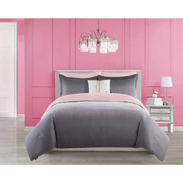 JUICY COUTURE Ombre 8-Piece Gray/Pink Reversible Microfiber King Comforter Set