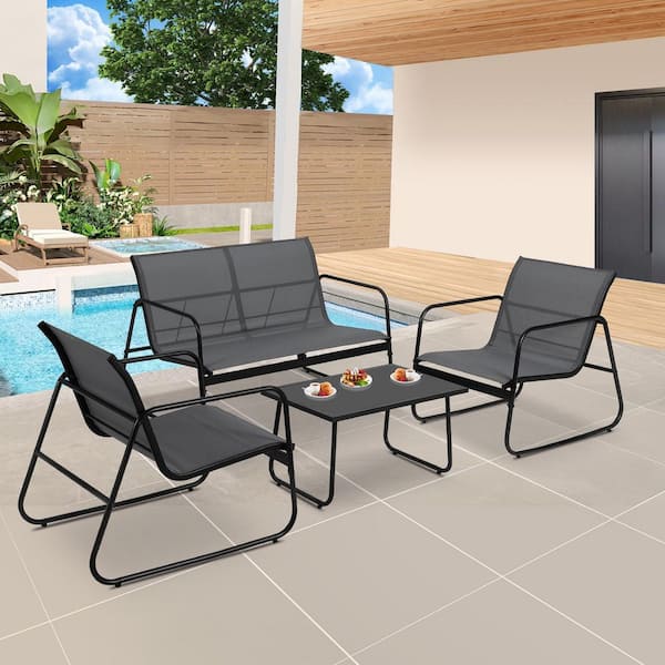 OUTGOODS 4-Piece Black Metal Patio Conversation Set with Loveseat, 2 ...