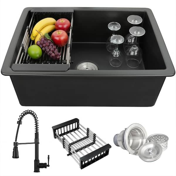 KS 27 in. Undermount Single Bowl Black Fireclay Kitchen Sink with Faucets and Basket Strainer