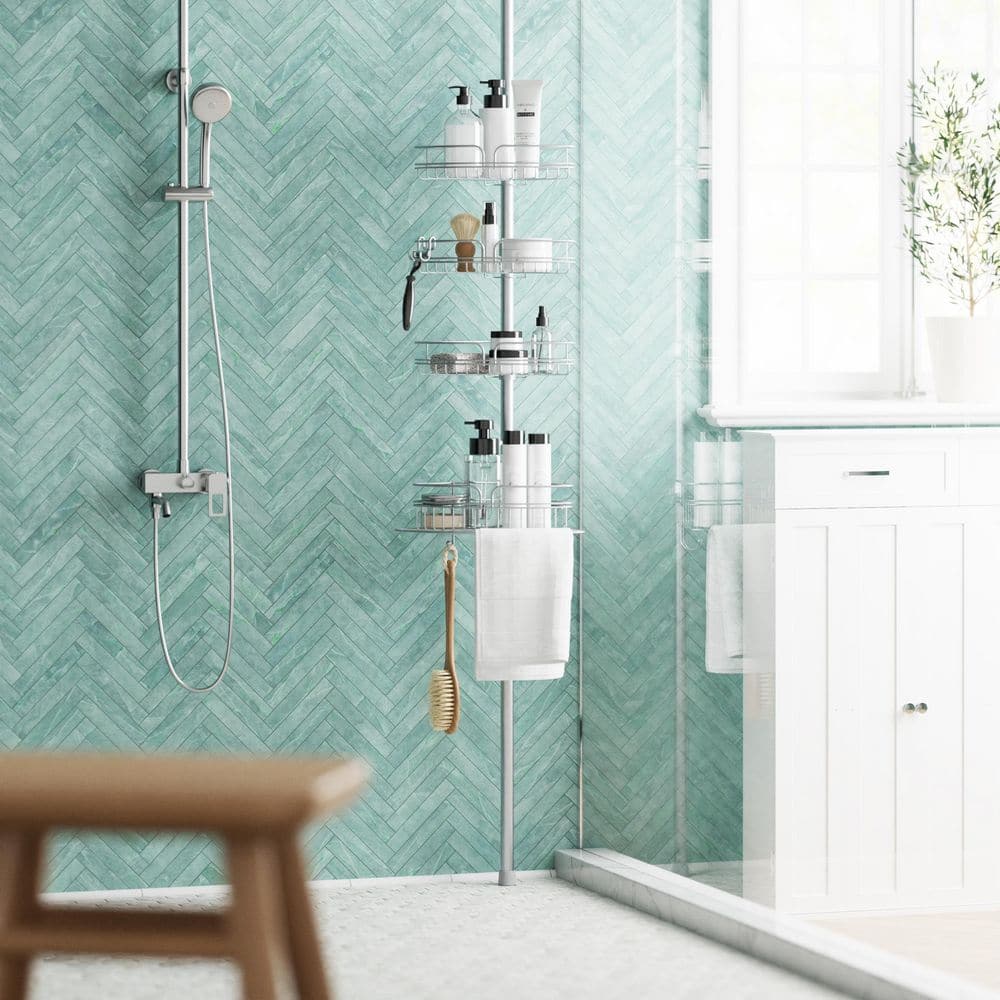Adjustable Nickel Tension Pole Shower Caddy with Four Shelves