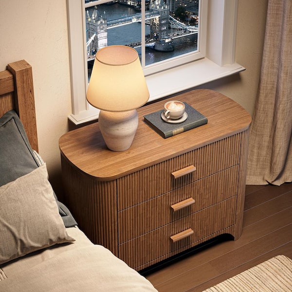 Kerlin 31.5'' Brown Rectangle Wood Sofa End Side Table Farmhouse 3 Drawers Bedside Industrial Nightstand Home Office