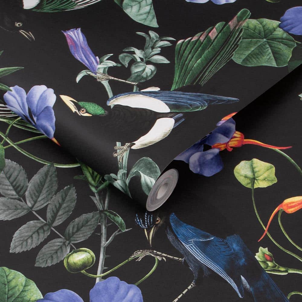Midnight Garden Black Floral Tropical Wallpaper