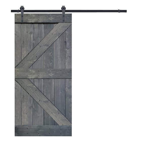 CALHOME K Series 30 in. x 84 in. Gray Knotty Pine Wood Interior Sliding Barn Door with Hardware Kit