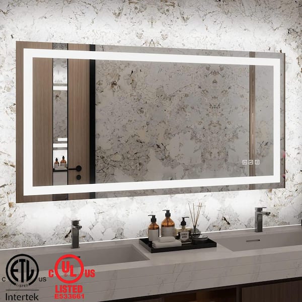 60 in. W x 36 in. H Rectangular Frameless LED Light Anti-Fog Wall Bathroom Vanity Mirror with Backlit and Front Light