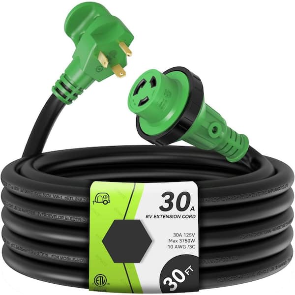 30 ft. 10 / 3 STW 30 Amp 125-Volts Rv Marine Extension Cord with Easy Plug-in Handle, TT-30P to L5-30R, LED Indicator
