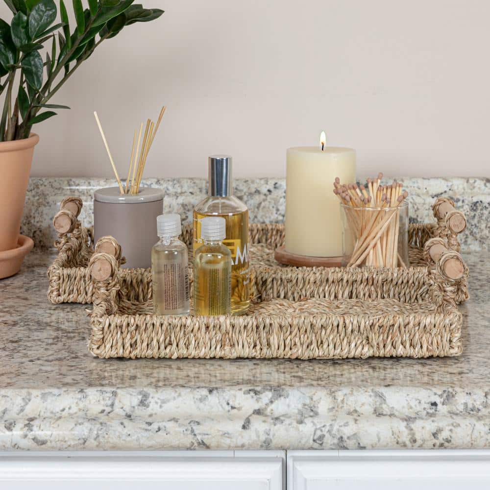 Natural Seagrass and Wood Rectangular Serving Tray Set with Handles