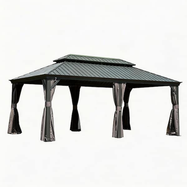 14 ft. x 20 ft. Grey Hardtop Gazebo with Galvanized Steel Double Roof and Aluminum Frame for Patio, Includes Curtains