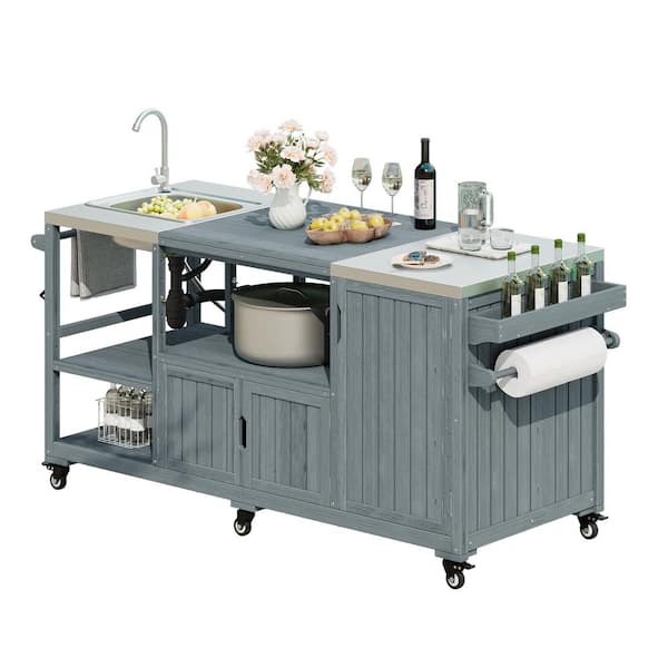 Gray Blue Solid Wood Outdoor Bar Cart Grill Cart Kitchen Island with Sink, Stainless Steel Top