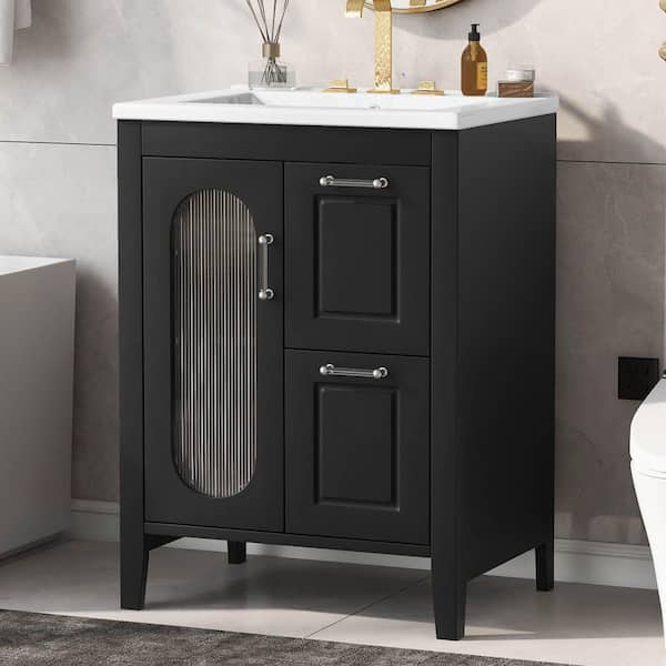 24 in. Freestanding Black Bath Vanity with White Ceramic Top, 2-Drawers, Door and Adjustable Shelf