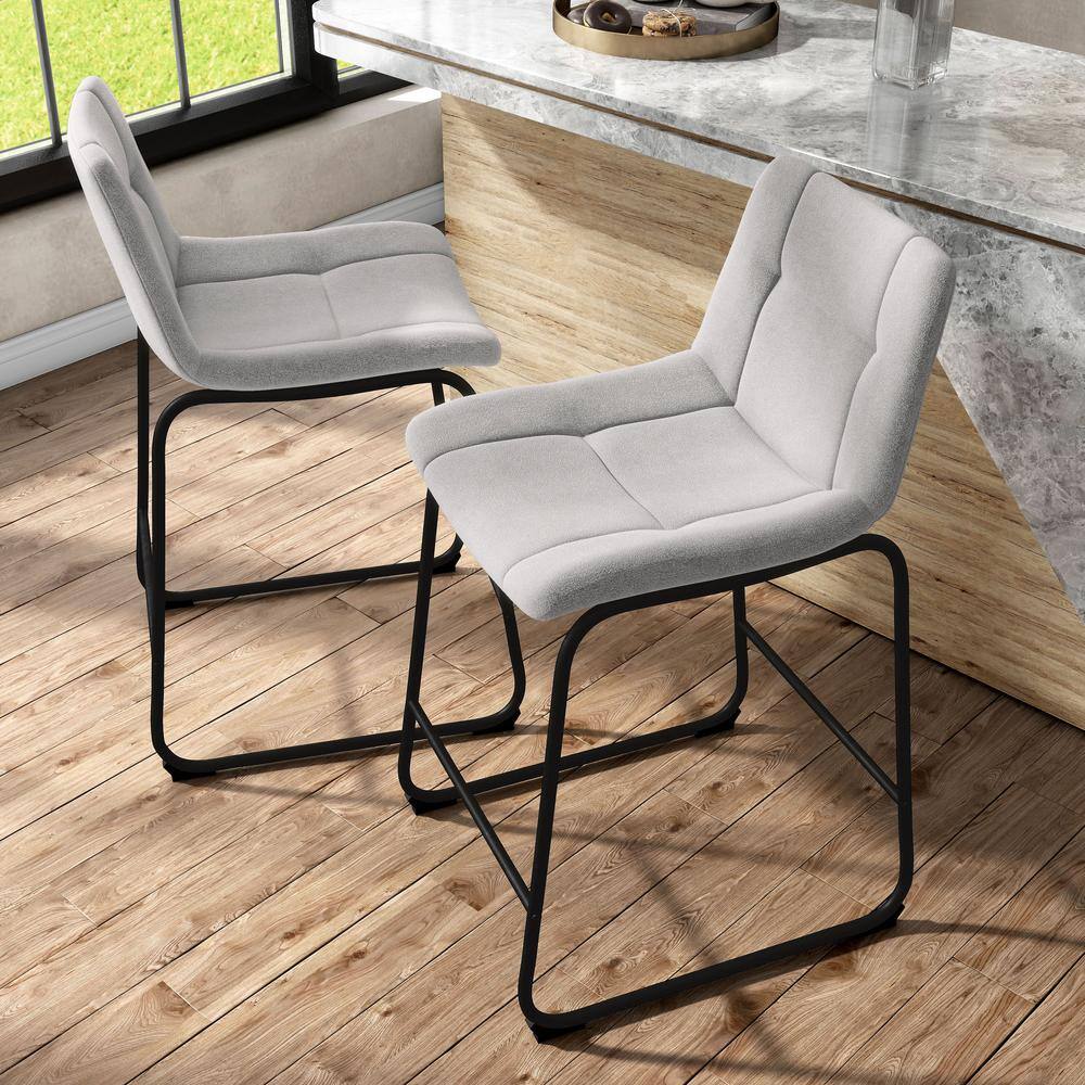 Light Grey Chenille Upholstered Counter Height Bar Stools with Metal Frame, Set of 2
