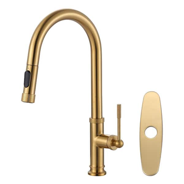 Slim Single Handle Pull Down Sprayer Kitchen Faucet with Deckplate in Brushed Gold