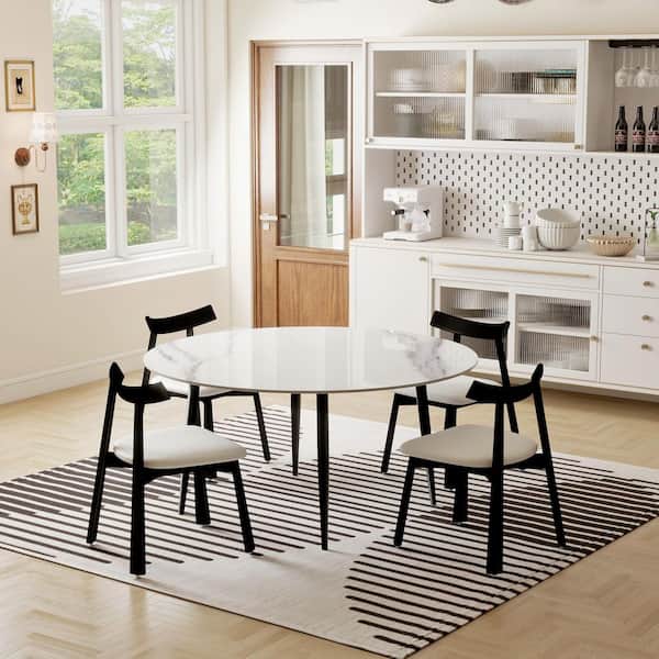 59.05 in. Modern Round Dining Table White Sintered Stone Tabletop Dining Table with Solid Black 4 Legs (Seat 8)