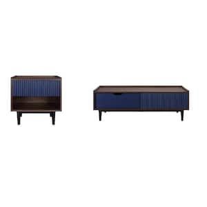 Duane Modern 47.24 in. Dark Brown and Navy Blue Rectangle Ribbed MDF 20.23 in. End Table and Coffee Table Set