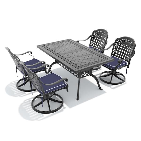 5-Piece Black Cast Aluminum Patio Outdoor Dining Set with Rectangular Table and 4 Swivel Chairs with Blue Cushions