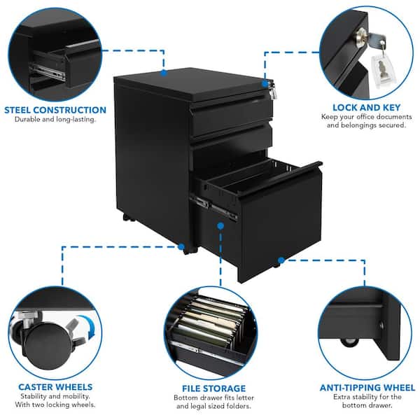 3 Drawer File Cabinet With Lock, Mobile Filing Cabinets 3 Drawer, Fully