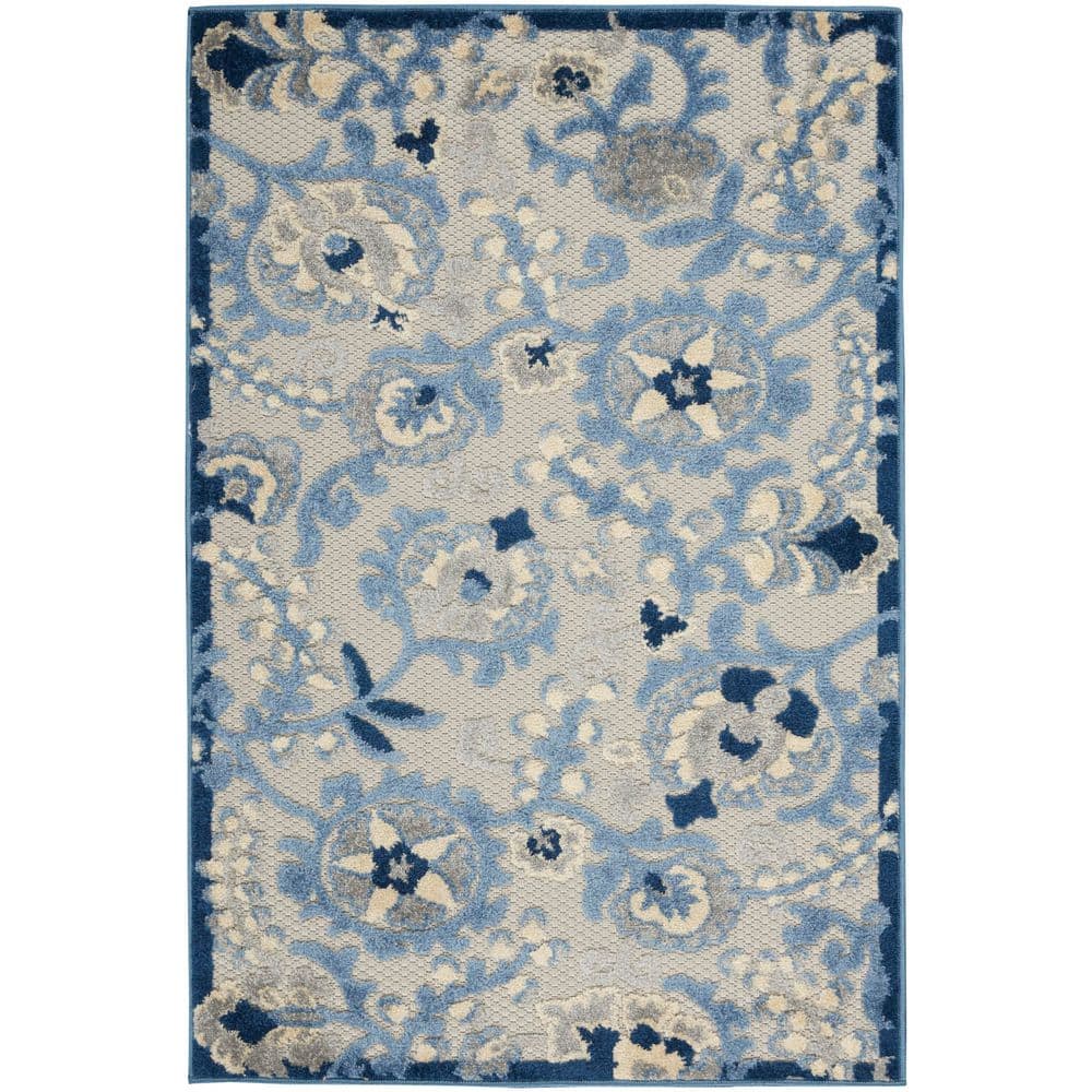 Blue and Grey Floral Synthetic Flat Woven Rug, 3' x 5'