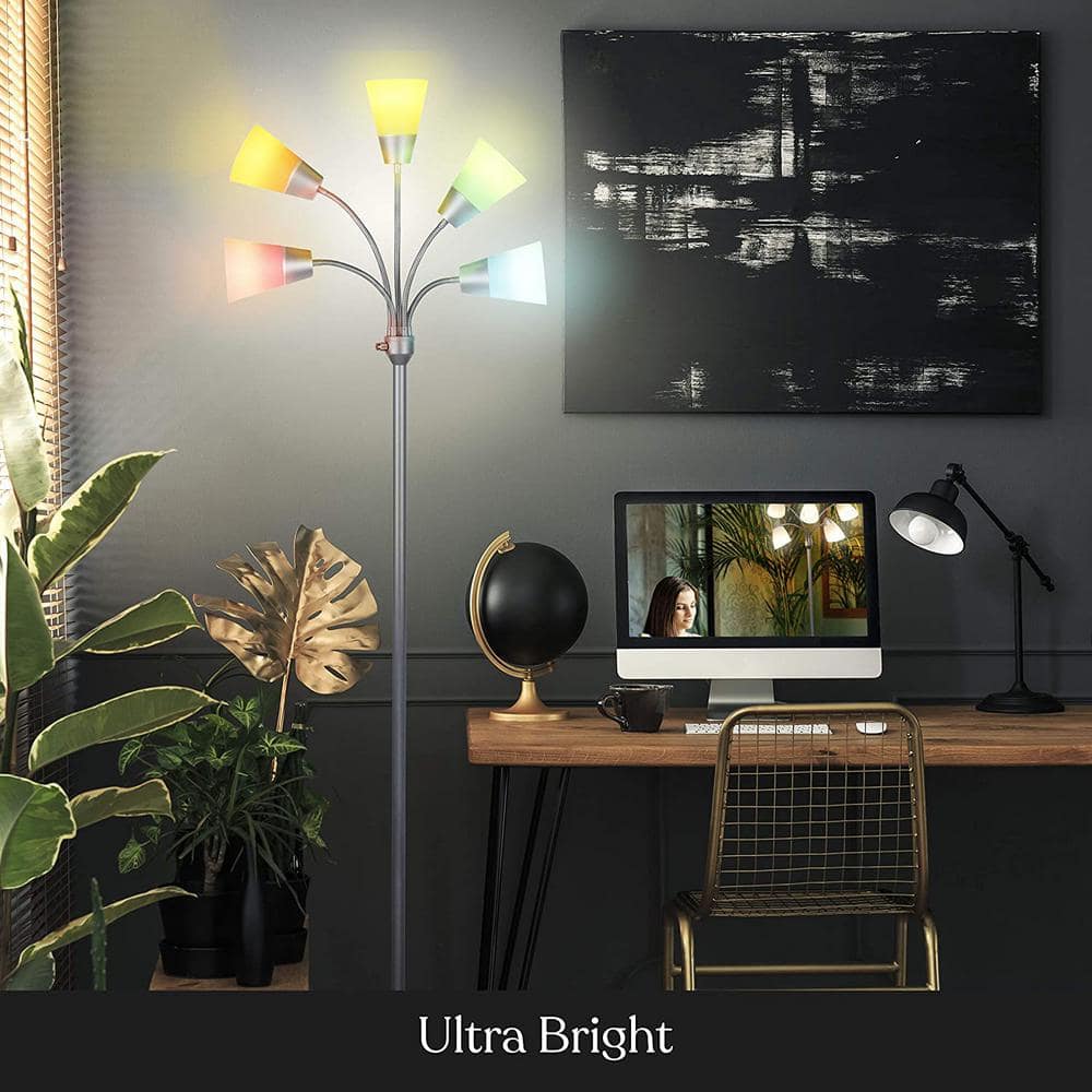 Silver 78" Adjustable 5-Light LED Floor Lamp with White Shades