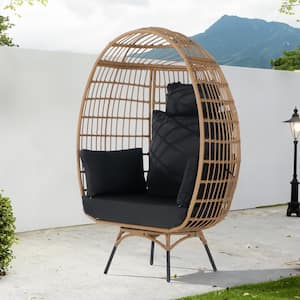 Patio Wicker Swivel Egg Chair, Oversized Indoor Outdoor Egg Chair, Brown Ratten Black Cushions