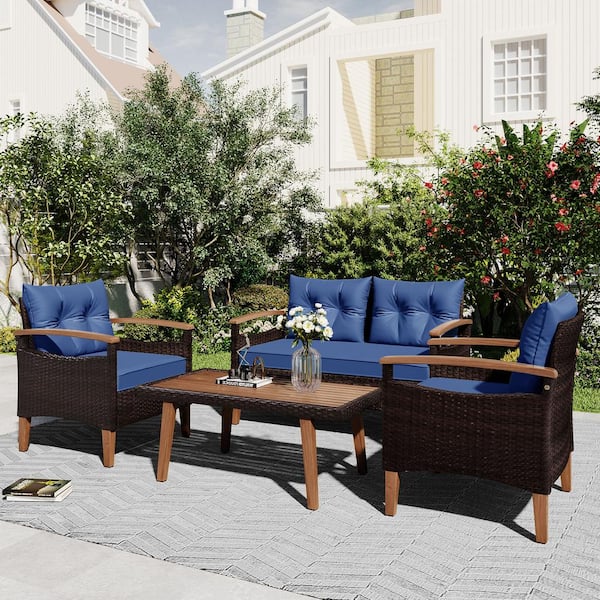 Unbranded 4-Piece Brown PE Rattan Wicker Patio Outdoor Sectional Sofa Set with Blue Cushions, Wood Table and Legs